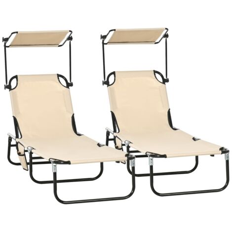 Ensemble de 2 chaises longues pliantes, chaises longues de jardin avec pare-soleil, dossier réglable en hauteur sur 5 positions, marron
