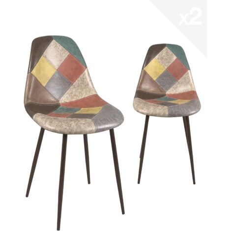 Ensemble de 2 chaises patchwork multicolores rembourrées pour salon ou salle à manger, pieds en métal, teinte bois foncé, Nova