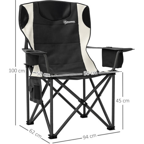 Ensemble de 2 chaises pliantes de camping avec accoudoirs, porte-gobelet, appui-tête et sac isotherme, noires.