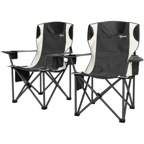 Ensemble de 2 chaises pliantes de camping avec accoudoirs, porte-gobelet, appui-tête et sac isotherme. Supporte jusqu'à 120 kg. Chaises de pêche rembourrées, idéales pour le camping dans le jardin.