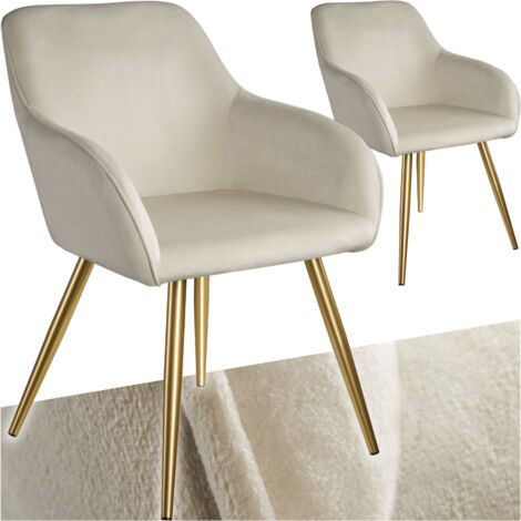 Tectake – Ensemble de 2 chaises rembourrées effet velours crème/or – Accoudoirs ergonomiques – Capacité de charge 120 kg – Dimensions 58x62x82 cm