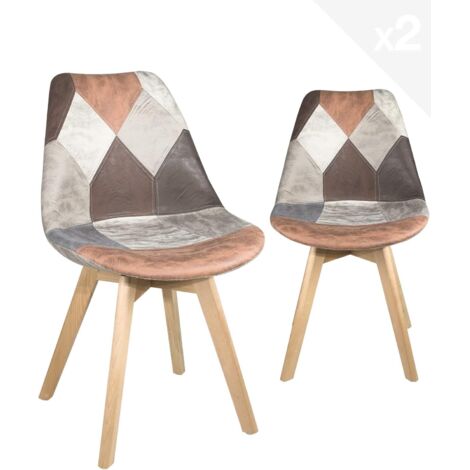 Ensemble de 2 chaises rembourrées patchwork de style scandinave, pieds en bois du Laos (marron)