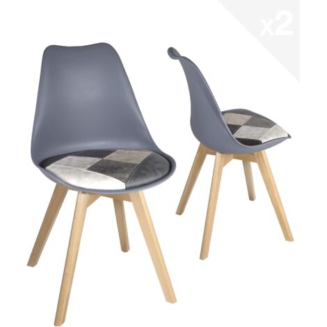 Ensemble de 2 chaises scandinaves, coussin en tissu patchwork, revêtement multicolore, pieds en bois de hêtre, coloris Light Lao (patch floral blanc)
