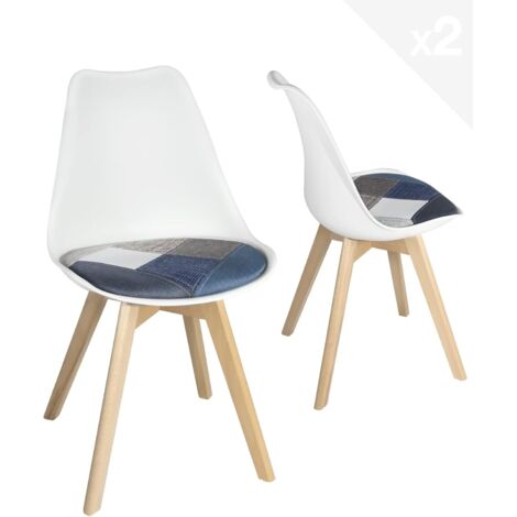 Ensemble de 2 chaises scandinaves, coussin en tissu patchwork, revêtement multicolore, pieds en bois de hêtre, coloris Light Lao (patch floral blanc)