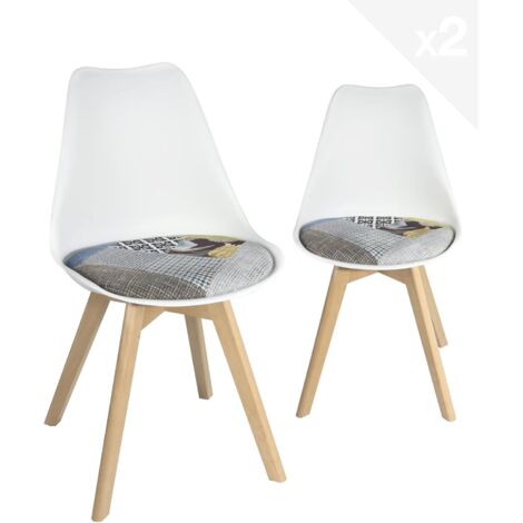 Ensemble de 2 chaises scandinaves, coussin en tissu patchwork, revêtement multicolore, pieds en bois de hêtre, coloris Light Lao (patch floral blanc)