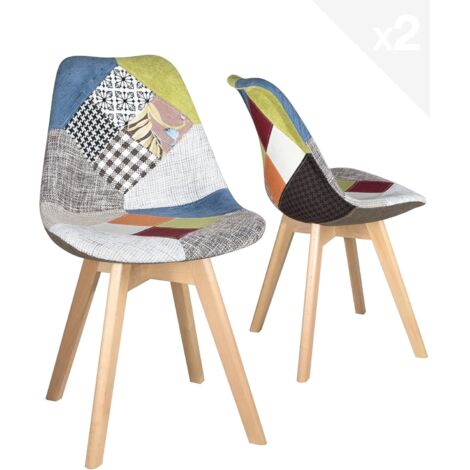 Ensemble de 2 chaises scandinaves laotiennes patchwork pour salle à manger ou cuisine (patch gris)