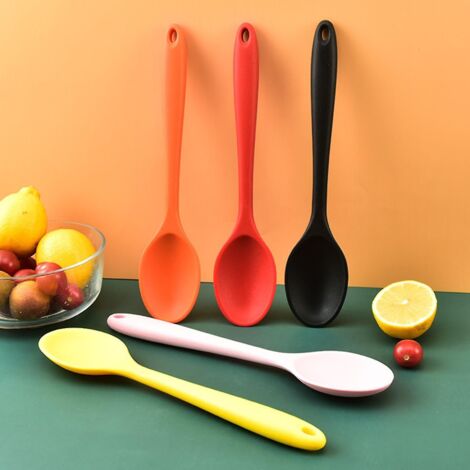 Ensemble de 2 cuillères de cuisine en silicone rouge à long manche, résistantes à la chaleur et de qualité alimentaire.