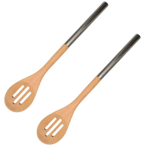 Ensemble de 2 Cuillères en bois ajourée avec manche inox 34 cm en tout Fackelmann Boissellerie