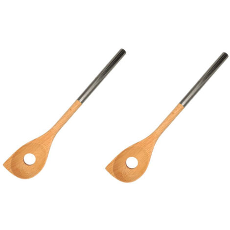 Ensemble de 2 Cuillères en bois biseautée avec un trou manche inox 34 cm Fackelmann Boissellerie