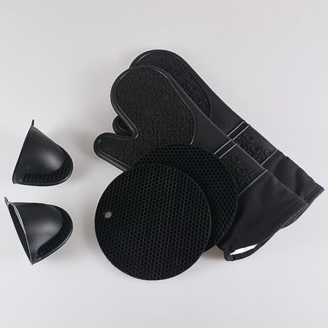 Ensemble de 2 dessous de plat en silicone, 2 mini maniques et 2 gants en silicone - Motif nid d'abeille, résistants à la chaleur, antidérapants et imperméables. Accessoires de cuisine pour four et bar