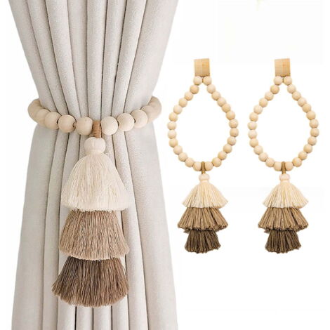 Ensemble de 2 embrasses de rideaux couleur naturelle, embrasses magnétiques, idéales pour la décoration de la maison ou du bureau, embrasses en perles de bois avec pompon arc-en-ciel, marron