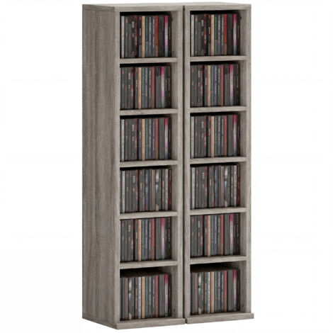 Ensemble de 2 étagères colonnes pour CD/DVD, meuble de rangement à 12 compartiments, 21 x 22,5 x 88,5 cm, capacité de 204 CD, gris