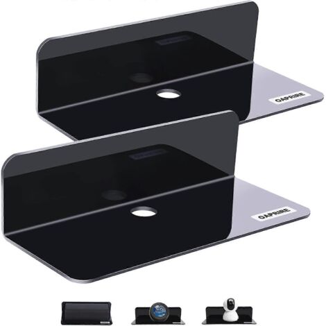Ensemble de 2 étagères murales flottantes en acrylique, sans abîmer vos murs, pour exposer des enceintes connectées ou des figurines. Clips pour câbles inclus. Noir.-AquaForge