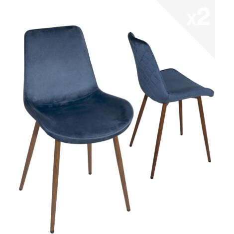 Ensemble de 2 fauteuils confortables en velours rembourré pour salon, chambre ou salle à manger, dossier matelassé, pieds en métal effet noyer Madi (bleu)