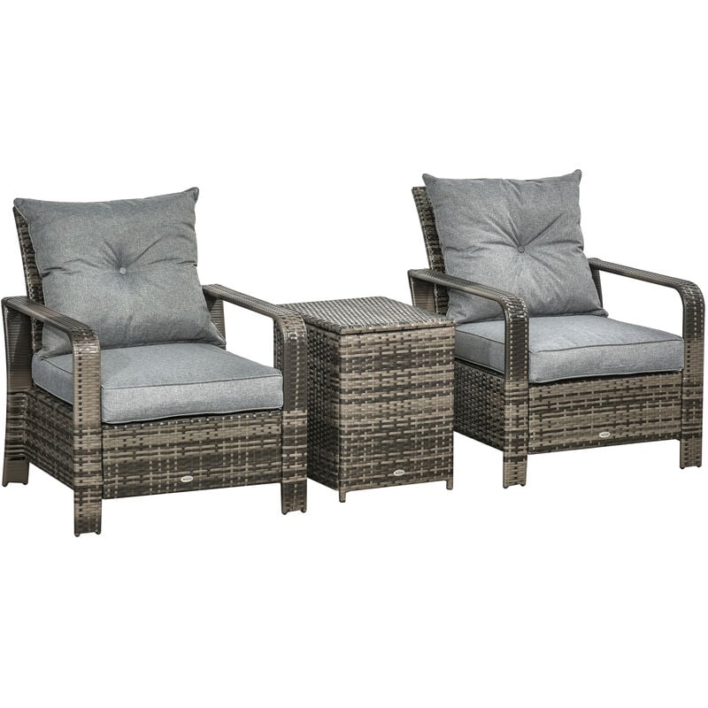 Ensemble de 2 fauteuils de jardin grand confort table basse coffre résine tressée imitation rotin coussins gris