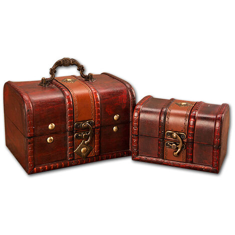 Ensemble de 2 Grand+ Petit Coffre Tresor Boîte en Bois Coffre Pirate Coffre de Rangement Bois Coffre au Trésor en Bois Trésor Poitrine Boîte Cadeau avec Serrure Ephé