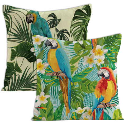 Ensemble de 2 housses de coussin décoratives à motifs floraux tropicaux, palmiers, feuilles et perroquets. Dimensions standard carrées : 45,7 x 45,7 cm (18 x 18 pouces).