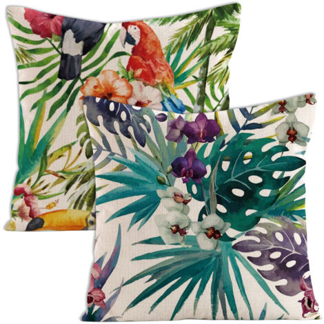 Ensemble de 2 housses de coussin décoratives à motifs floraux tropicaux, palmiers, feuilles et perroquets. Dimensions standard carrées : 45,7 x 45,7 cm (18 x 18 pouces).