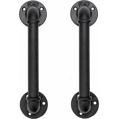 Ensemble de 2 Industriel Tuyau Poignée deTraction de Porte, Barre D'appui, Poignées de Porte de Grange， Antique Rustique En Fonte Pour Rampe, Noires，30 cm de Long (S(25D,27L), Noires)