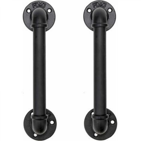 Ensemble de 2 Industriel Tuyau Poignée deTraction de Porte, Barre D'appui, Poignées de Porte de Grange， Antique Rustique En Fonte Pour Rampe, Noires，30 cm de Long (S(25D,27L), Noires)