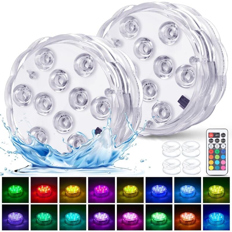 Ensemble de 2 lumières LED submersibles à piles, lumières RVB multicolores imperméables pour piscines, vases, spas, aquariums, étangs, jacuzzis,