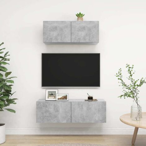 Ensemble de 2 meuble TV - Armoire Télévision Moderne  Banc TV Gris béton Aggloméré -FR23116