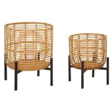 Ensemble de 2 pots de fleurs ronds en rotin avec support en métal noir Zeyok