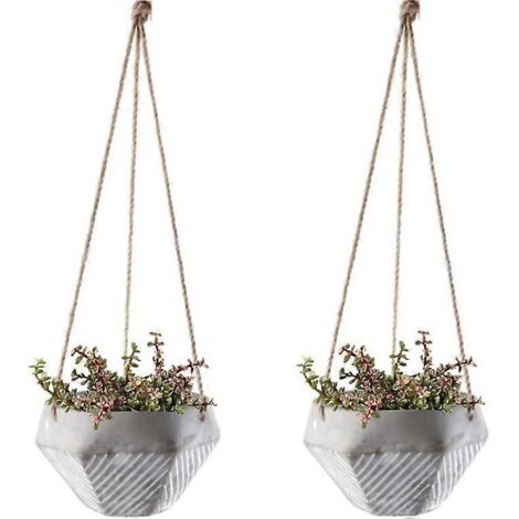 Ensemble de 2 pots de fleurs suspendus en ciment avec corde de chanvre réglable pour plantes d'intérieur, succulentes, cactus, plantes artificielles (8 x 13 cm)