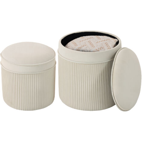Ensemble de 2 poufs de rangement avec couvercles, repose-pieds ronds aspect velours, 36 x 36 x 41,5 cm, blanc crème