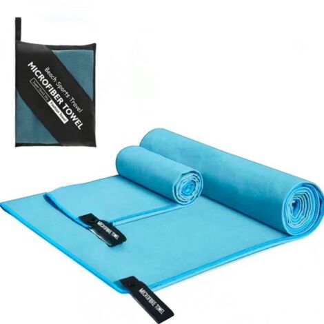 Ensemble de 2 serviettes de sport en microfibre double face, bleu clair, avec housse zippée