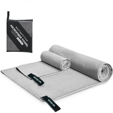 Ensemble de 2 serviettes de sport en microfibre double face, gris foncé, avec housse zippée