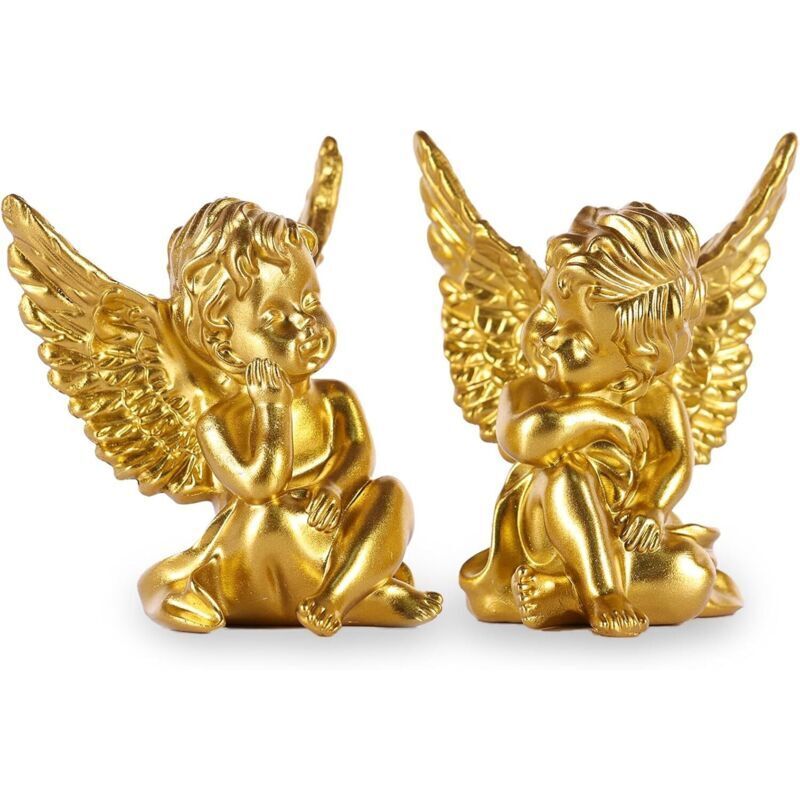 Ensemble de 2 statues d'anges en résine dorée, statue de chérubin endormi pour la décoration intérieure et extérieure (10,2 cm de hauteur) (Or)