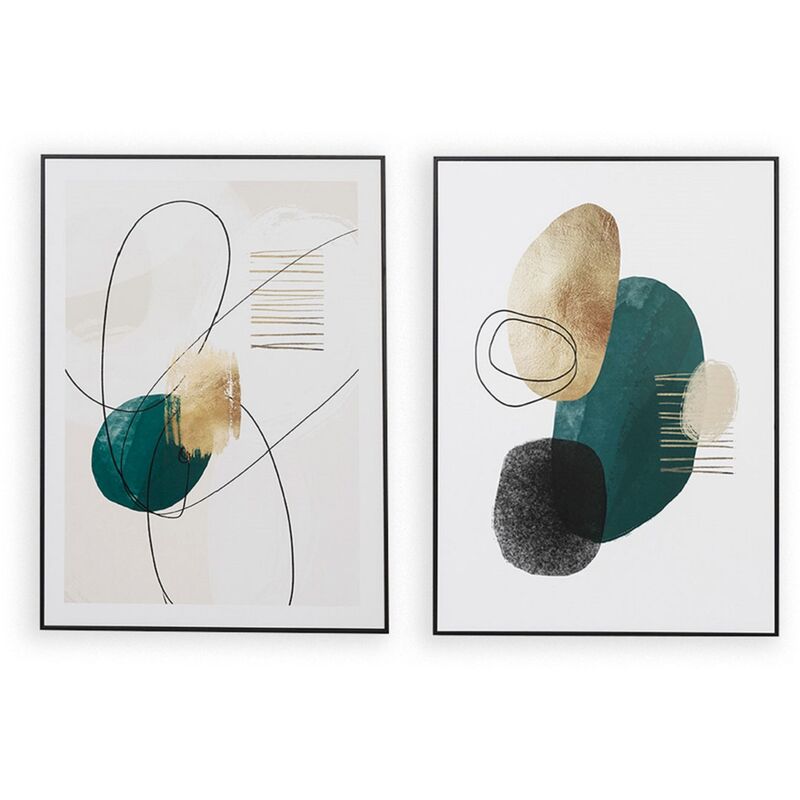 Ensemble de 2 tableaux imprimés forme verte avec un cadre en bois noir - Longueur 100 x Profondeur 4 x Hauteur 70 cm