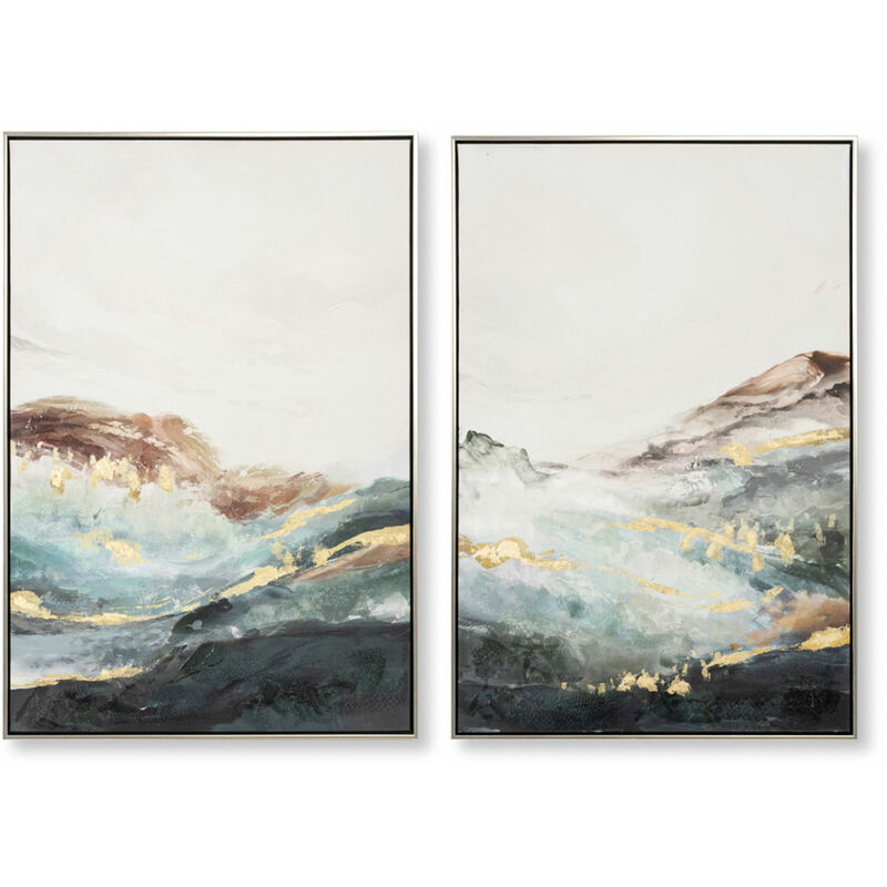 Ensemble de 2 tableaux peinture à l'huile sur toile, peinte murale avec cadre noir - Longueur 120 x Profondeur 4 x Hauteur 90 cm