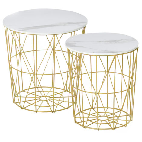 Ensemble de 2 tables basses empilables modernes avec étagère amovible, table basse avec rangement pour salon et chambre, blanc et or