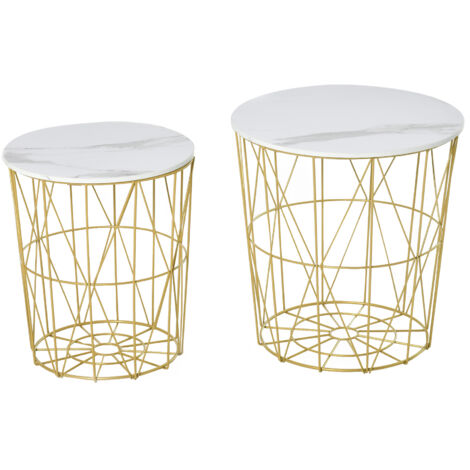 Ensemble de 2 tables basses empilables modernes avec étagère amovible, table basse avec rangement pour salon et chambre, blanc et or