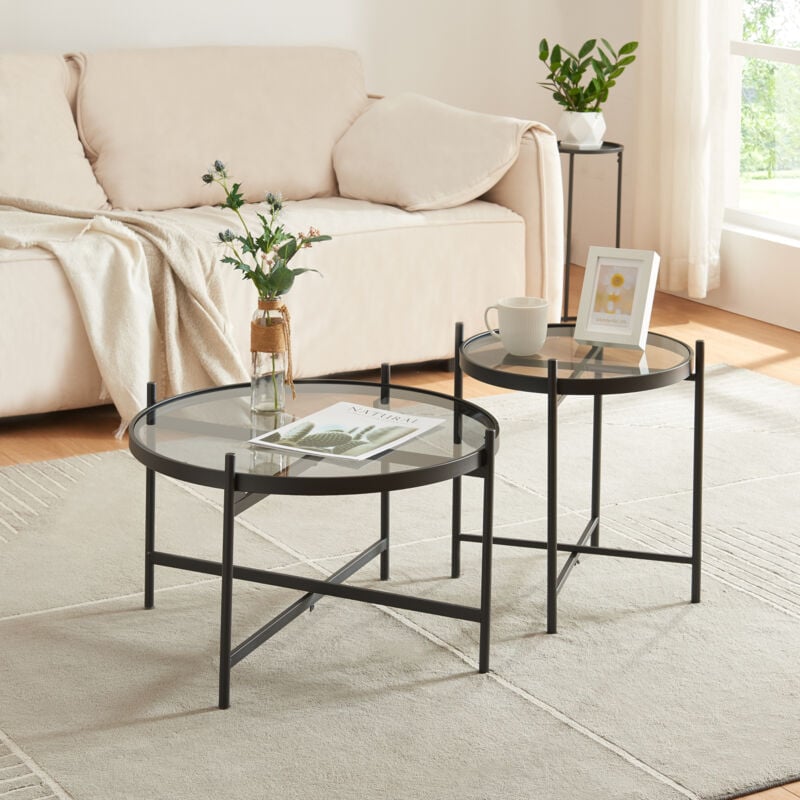 [en.casa] - Ensemble de 2 tables basses en verre Lier noir