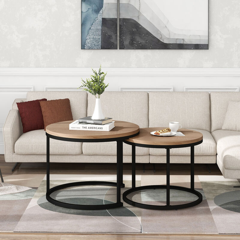 ensemble de 2 tables basses gigognes rondes, table salon avec cadre en metal robuste assemblage facile,chene