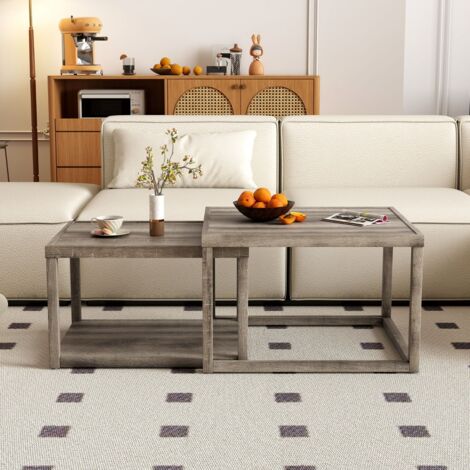 Ensemble de 2 Tables Basses Gigognes Tables d'Appoint Rectangulaires Empilables avec étagère de Rangement Structure en Bois de Caoutchouc Gris