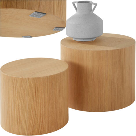 Ensemble de 2 tables basses rondes aspect bois chêne