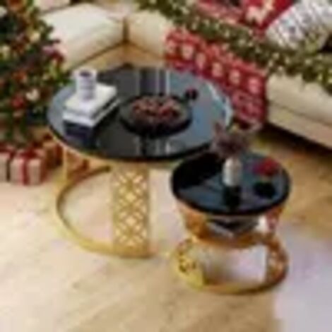 Ensemble de 2 tables basses rondes, table d'appoint, plateau noir effet marbre, pieds dorés - Noir+Or