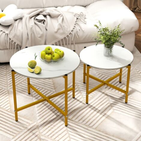 Ensemble de 2 Tables Basses Rondes Tables Basses Gigognes de 55 cm et 65 cm avec Cadre en Métal Blanc