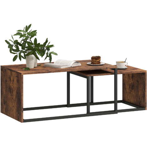 Ensemble de 2 tables basses, tables d'appoint, panneaux de particules, métal, 90 x 48 x 42 cm / 59 x 42 x 36 cm, noir et marron