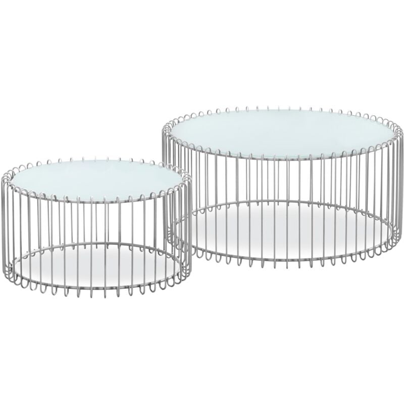 Cotecosy - Ensemble de 2 tables basses rondes Universe Verre Blanc et Métal Gris