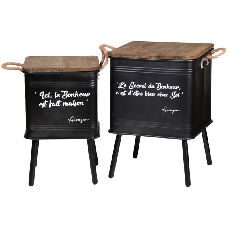 Meublorama - Ensemble de 2 tables noires en métal style industriel avec anse en corde. Collection happiness