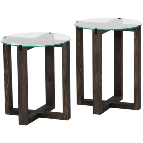 Ensemble de 2 tables d'appoint en verre et bois massif GALADRON