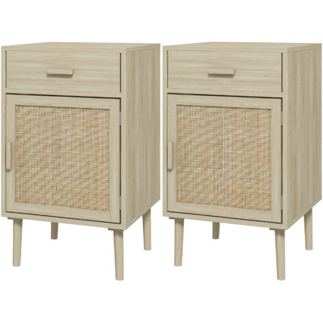 Ensemble de 2 tables de chevet avec tiroir et porte, style bohème, en rotin et coloris bois.