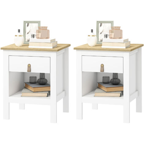 Ensemble de 2 tables de chevet en bois avec tiroir et étagère ouverte, 45 x 40 x 55 cm, blanc et chêne