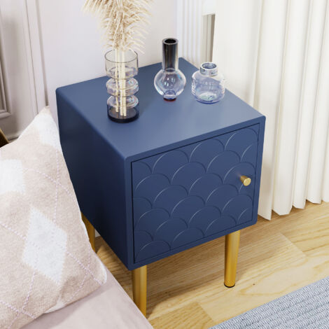 Ensemble de 2 tables de chevet en bois FSC – Bleu marine – Dimensions H50/L35/P35 cm – Pieds en métal champagne – Coins arrondis