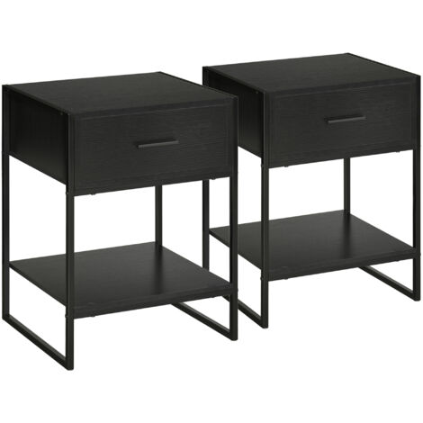 Ensemble de 2 tables de chevet modernes, 2 tables de chevet pour chambre et salon, avec tiroir et étagère ouverte, design moderne, en MDF et acier, 45x40x60 cm, noir.